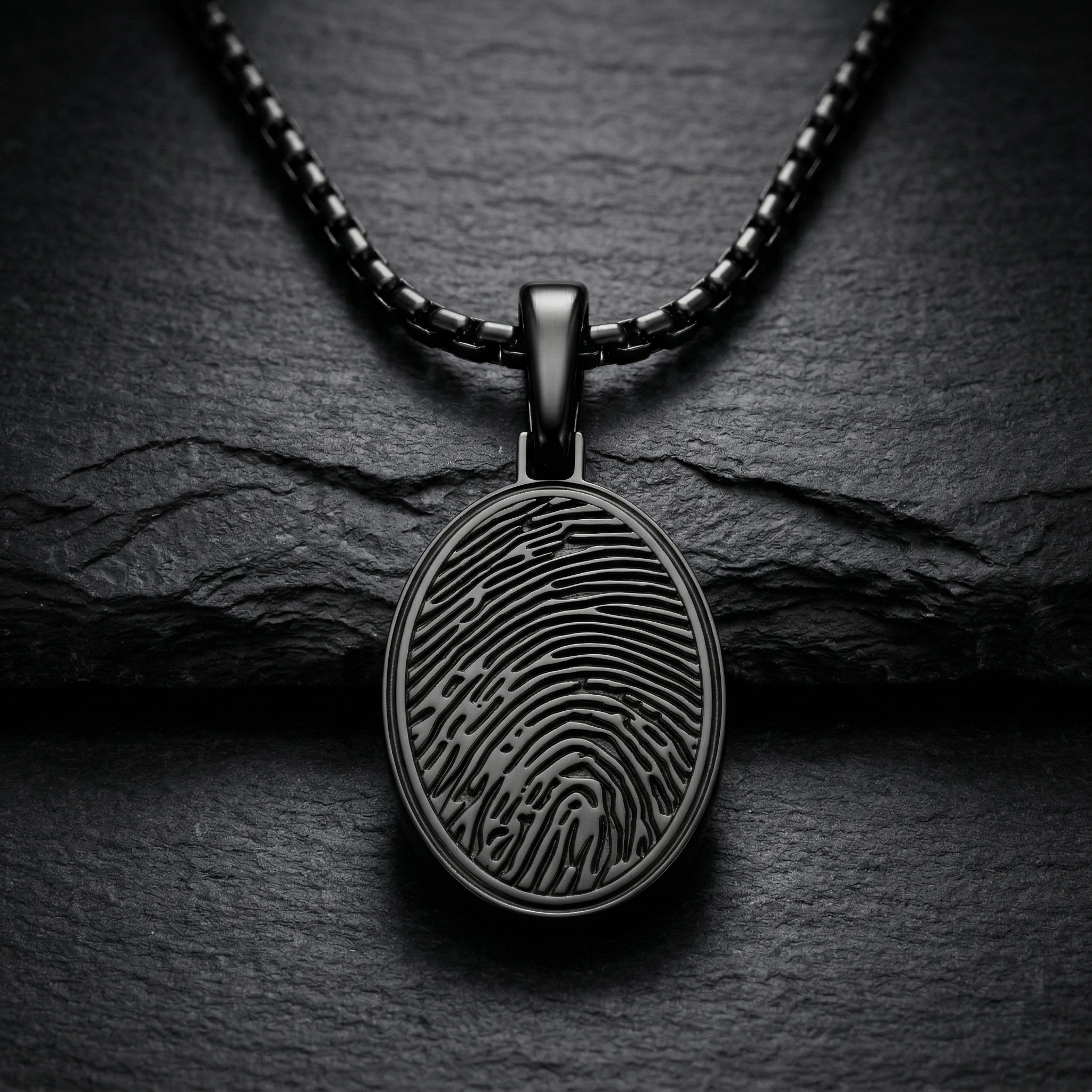 Black Plated Sterling Silver Oval Fingerprint Necklace