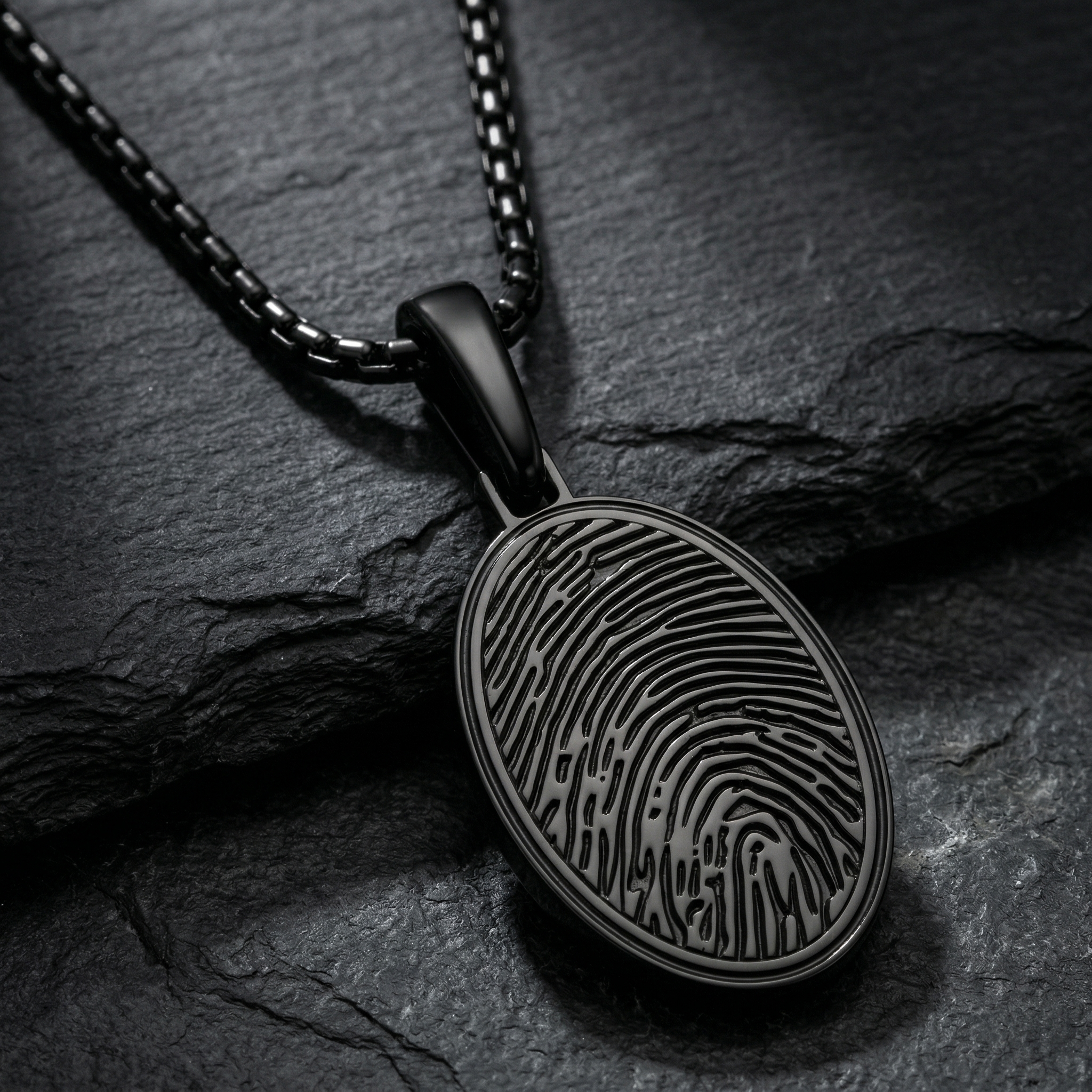 Black Plated Sterling Silver Oval Fingerprint Necklace