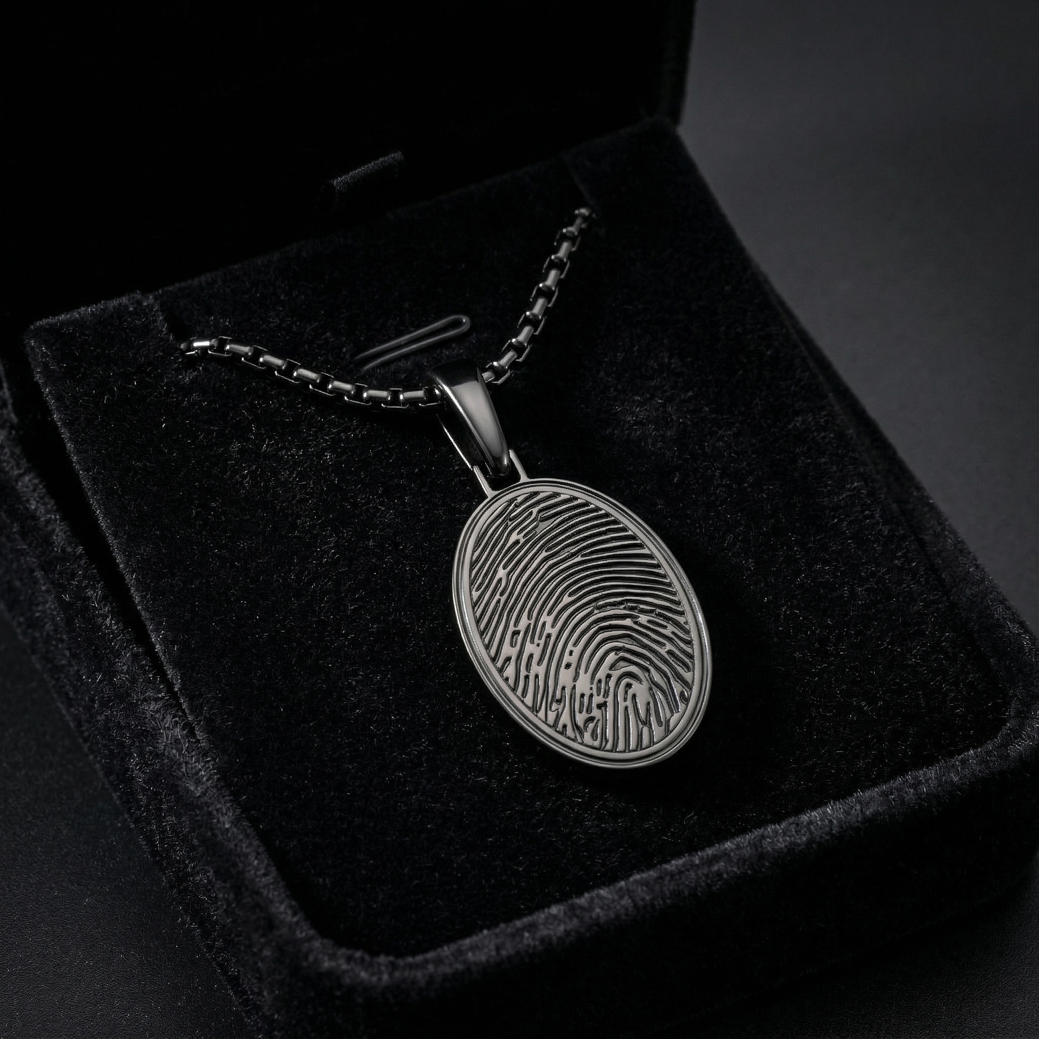 Black Plated Sterling Silver Oval Fingerprint Necklace