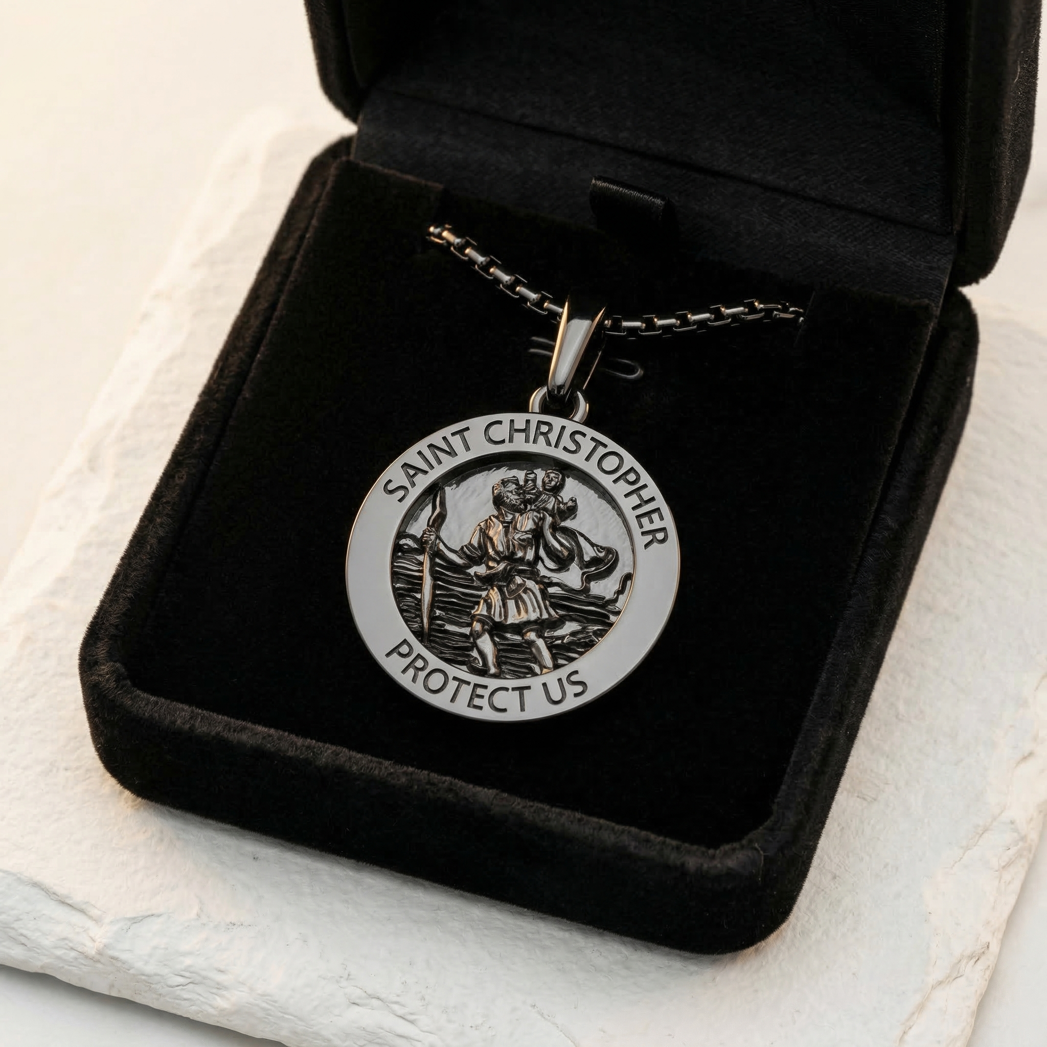 Saint Christopher Medal Necklace – Black Plated Patron Saint Pendant