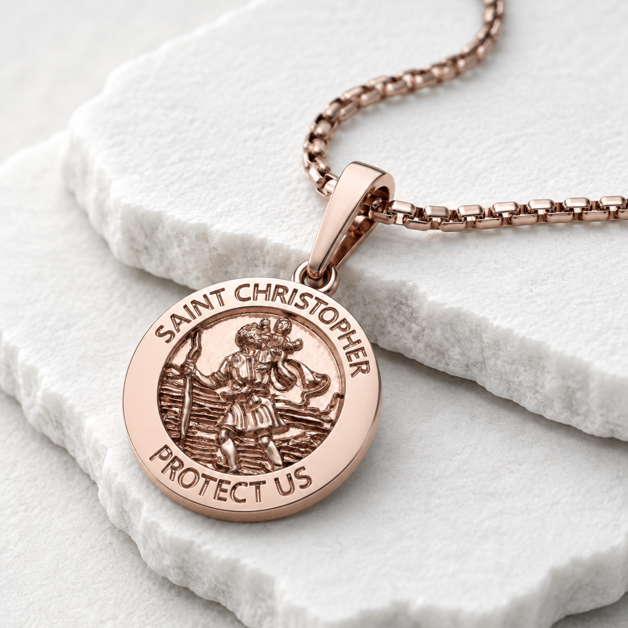 Reinforced Saint Christopher medal bail and rounded box chain