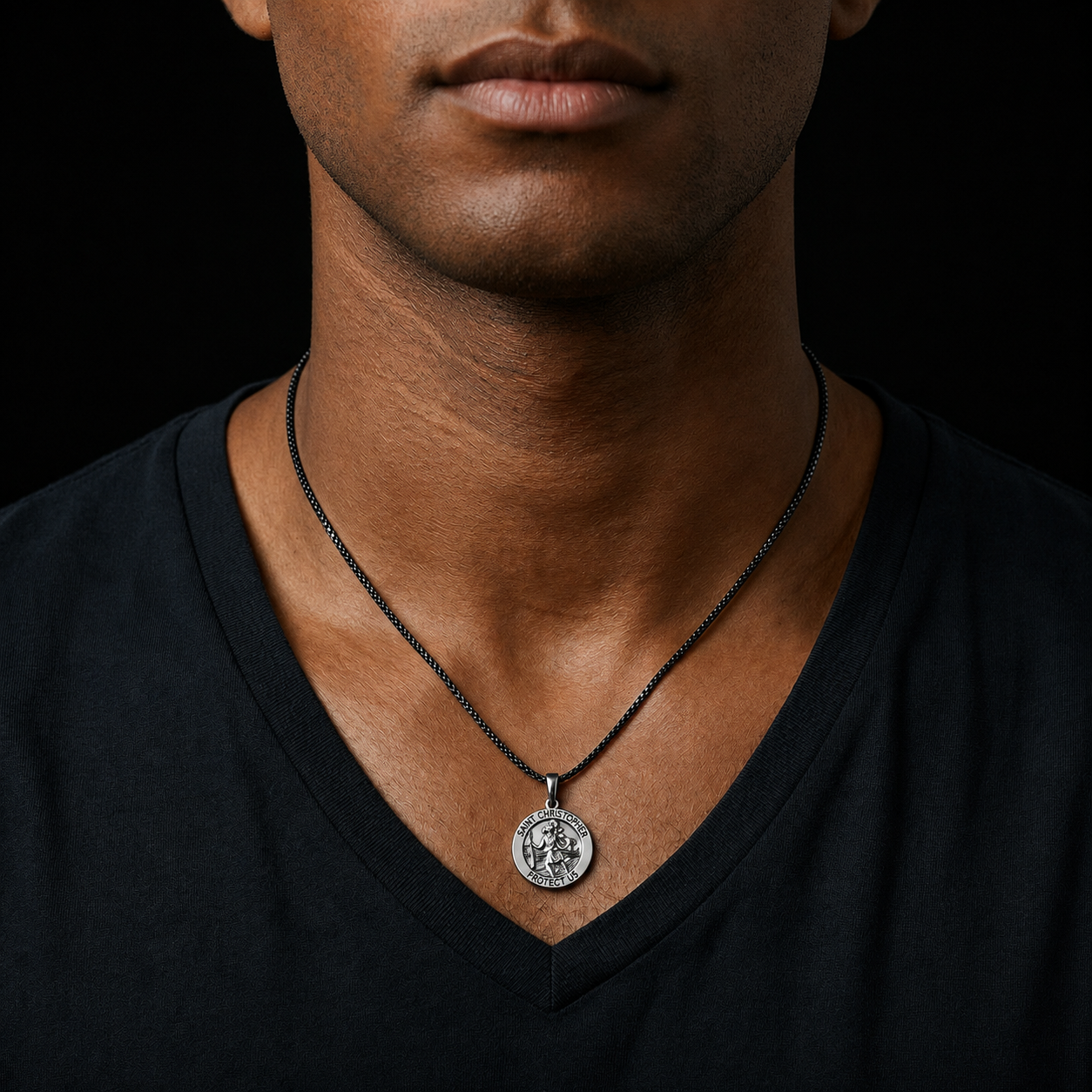 Saint Christopher Medal Necklace – Black Plated Patron Saint Pendant